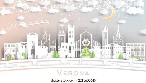 Verona Italy City Skyline in Paper Cut Style with Snowflakes, Moon and Neon Garland. Vector Illustration. Christmas and New Year Concept. Santa Claus on Sleigh. Verona Cityscape with Landmarks.