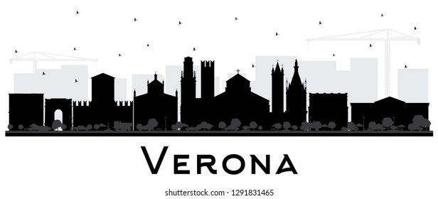 Verona Italy City Skyline Silhouette with Black Buildings Isolated on White. Vector Illustration. Business Travel and Tourism Concept with Historic Architecture. Verona Cityscape with Landmarks.