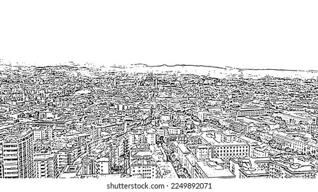 Verona, Italy. Flying over the historic city center. Roofs of houses. Doodle sketch style. Aerial view
