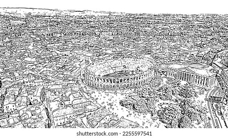 Verona, Italy. Flying over the historic city center. Arena di Verona. Roofs of houses. Doodle sketch style. Aerial view