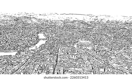 Verona, Italy. Flying over the historic city center. Adige river. Roofs of houses. Doodle sketch style. Aerial view