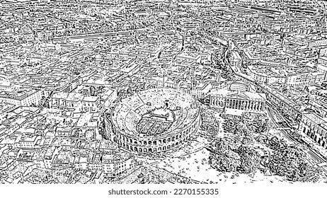 Verona, Italy. Flying over the historic city center. Arena di Verona. Roofs of houses. Doodle sketch style. Aerial view
