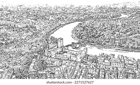 Verona, Italy. Flying over the historic city center. Castelvecchio Castello Scaligero. Roofs of houses. Doodle sketch style. Aerial view