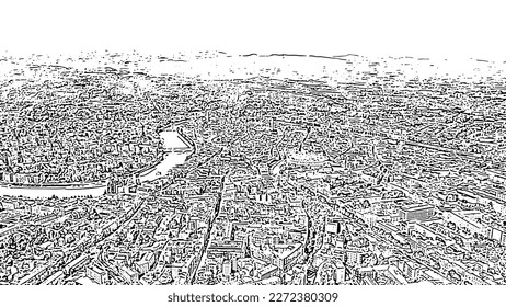 Verona, Italy. Flying over the historic city center. Adige river. Roofs of houses. Doodle sketch style. Aerial view