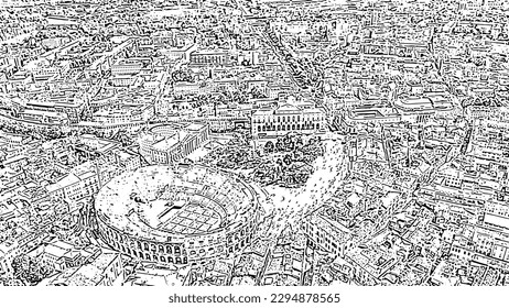 Verona, Italy. Flying over the historic city center. Arena di Verona. Roofs of houses. Doodle sketch style. Aerial view
