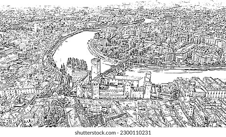 Verona, Italy. Flying over the historic city center. Castelvecchio Castello Scaligero. Roofs of houses. Doodle sketch style. Aerial view