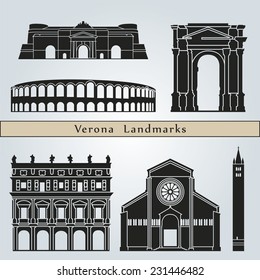 Verona landmarks and monuments isolated on blue background in editable vector file