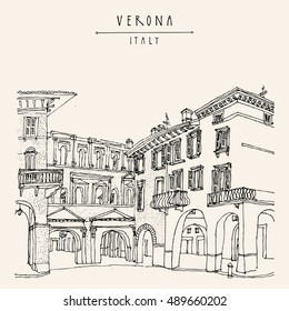 Verona, romantic Italian city of Romeo and Juliette. Old historic buildings. Travel sketch. Vector vintage hand drawn touristic postcard