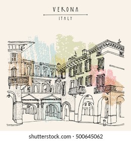 Verona, romantic Italian city of Romeo and Juliette. Old historic buildings. Travel sketch. Vector vintage hand drawn touristic postcard