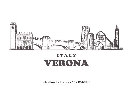 Verona sketch skyline. Verona, Italy hand drawn vector illustration. Isolated on white background. 