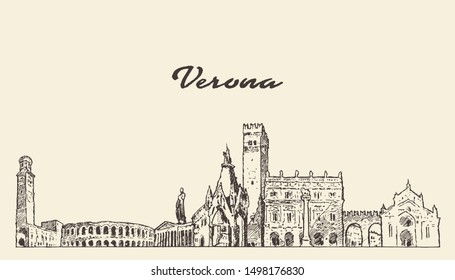 Verona skyline, Italy, hand drawn vector illustration, sketch