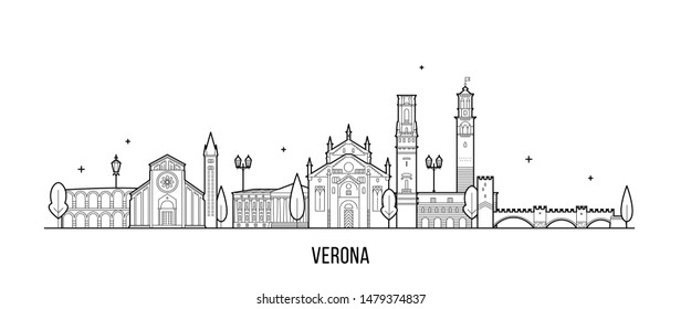 Verona skyline, Italy. This illustration represents the city with its most notable buildings. Vector is fully editable, every object is holistic and movable