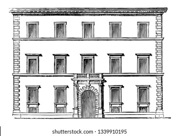 Verospi Palace Roma apresenta um tipo da maioria do estilo renascentista romano localizado na rua principal em Roma palácios mais importantes neste estilo vintage linha desenho ou gravura ilustração.