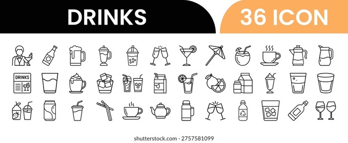 Versatile 36 drink icon pack including coffee, tea, cocktails, soda, juice, and alcoholic beverages. Perfect for menu design, restaurant apps, and catering branding.