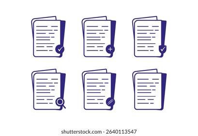 A versatile 6-icon pack for document actions: approve, add, verify, review, edit, and default. Perfect for apps or dashboards.