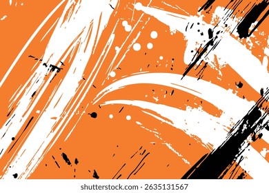 Versatile abstract vector background with energetic black and white paint splatters on orange. Perfect for modern posters, web graphics, and bold design statements.