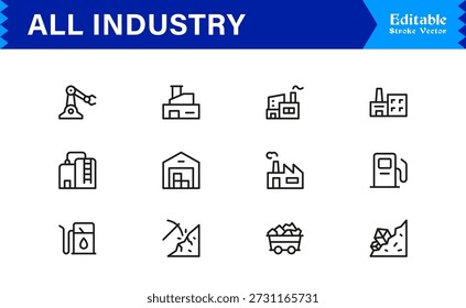 Versatile All Industry Line Icon Set with Professional Minimal Design and Pixel Perfect Editable Vectors for Modern Business and Technology
