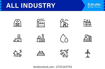 Versatile All Industry Line Icon Set with Professional Minimal Design and Pixel Perfect Editable Vectors for Modern Business and Technology