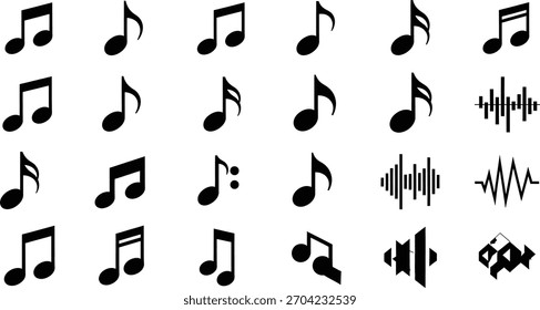 A versatile array of black silhouette icons featuring classic musical notes and dynamic sound waves, ideal for various music-themed projects.