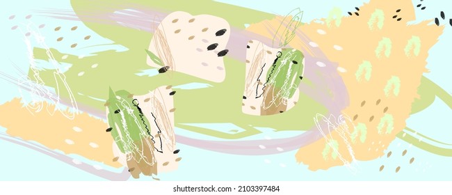 A versatile background in muted pastel calm colors. Creative pictorial art header with different shapes and textures. Collage. Vector