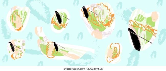 Un fondo versátil en tonos pastel y suaves. Encabezado de arte pictórico creativo con diferentes formas y texturas. Collage. Vector