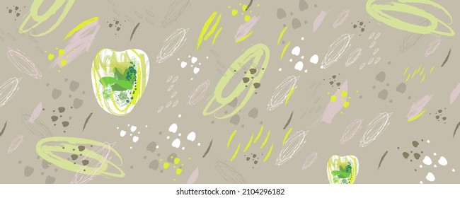Un fondo versátil en tonos pastel y suaves. Encabezado de arte pictórico creativo con diferentes formas y texturas. Collage. Vector