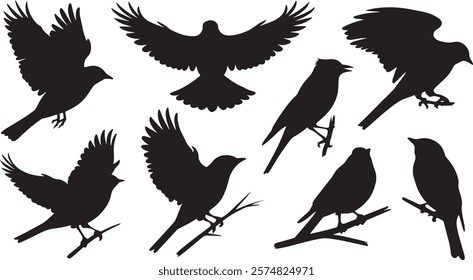 Versatile Bird Silhouette Vector Set: A Collection of Elegant Bird Designs in Various Positions, Including Flying with Outstretched Wings, Perching on Branches, and Soaring Gracefully Against a White 