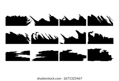 Traçados de pincel preto versátil com texturas angustiadas, feitas à mão. Perfeito para bordas, divisores, cartazes, branding, arte digital e web design, adicionando estilo grunge bruto para projetos criativos