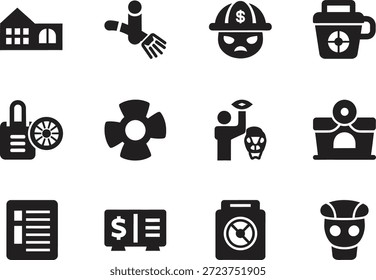Versátil colección de iconos de silueta negra con varios Elementos de negocios y estilo de vida para proyectos de Diseño gráfico modernos