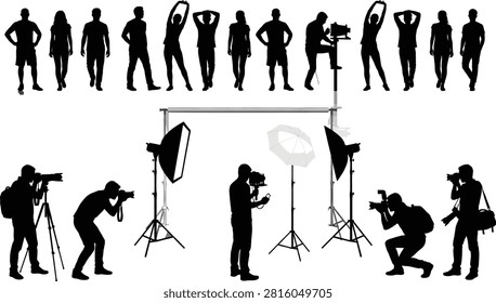 A versatile black silhouette vector collection featuring professional photographers working with lighting equipment and diverse fashion models posing in a studio. This comprehensive isolated graphic set is perfect for photography, media, and creative industry design projects.A versatile black silhouette vector collection featuring professional photographers working with lighting equipment and diverse fashion models posing in a studio. This comprehensive isolated graphic set is perfect for photography, media, and creative industry design projects.