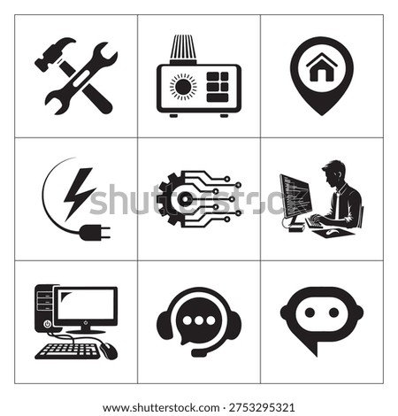 Versatile black silhouettes represent repair, smart devices, and online communication
