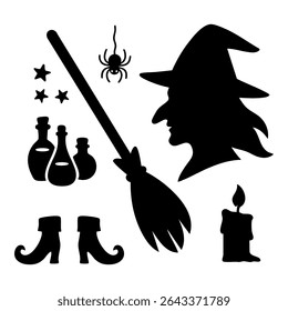 A versatile black vector silhouette set featuring witch-themed elements: hat, broom, potions, spider, and more. Perfect for Halloween decorations, spooky crafts, and digital designs.