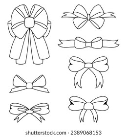 Versatile Black and White Doodle Ribbon Bow Collection. Hand Drawn Flat Style Adds a Playful Touch to Decorations. Big Set of Bowties for Creative Endeavors.