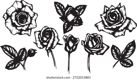 Versátil conjunto de rosas y follaje en blanco y negro, que muestra diferentes etapas de crecimiento, perfecto para varios temas florales.
