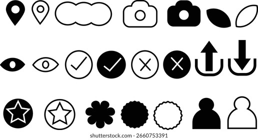Versatile black and white UI icon set including location pins, clouds, camera, arrows, check marks, user icons, and more, ideal for apps, websites, and digital interfaces