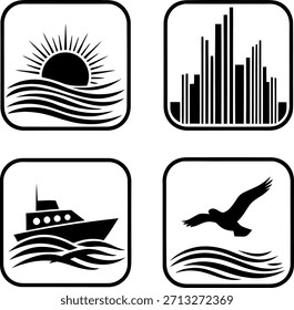 Versátiles iconos de vectores en blanco y negro: sol, ciudad, barco y pájaro volador. Ideal para viajes y diseños de naturaleza.