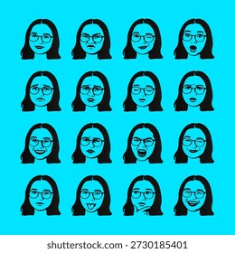 A versatile black and white vector illustration set featuring a woman with glasses displaying a wide range of human emotions and facial expressions, perfect for UI or UX, communication, or profile designs.