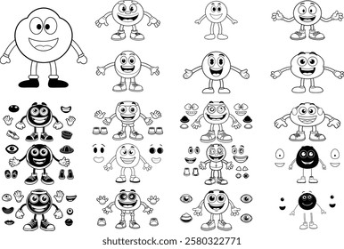 A versatile black-and-white line art set featuring a cheerful cartoon character with interchangeable body parts. Includes eyes, mouth, and arms