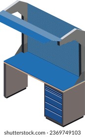 Un versátil banco de trabajo isométrico azul diseñado para tareas mecánicas. Su representación vectorial combina la forma y la funcionalidad, atendiendo a las necesidades de los artesanos cualificados