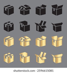 Versatile Box Icons Black and Gold Packaging Symbol Set
