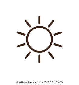 Ein vielseitiges braunes Linien-Kunst-Sonnensymbol für digitale und Print-Designs, die Wärme, Licht und positive Energie auf klar weißem Hintergrund vermitteln.