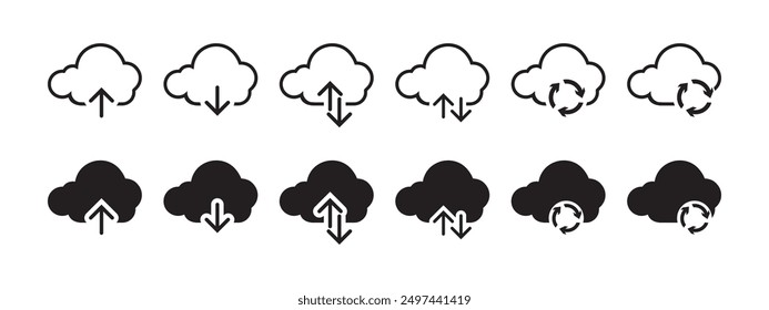 Versatile Cloud Computing Download and Upload Icons: Line, Outline, and Filled Vector Styles. Vector.