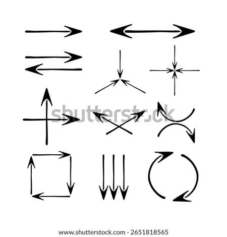 A versatile collection of 12 hand-drawn arrows showcasing various directions, movements, and flows.