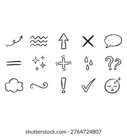 A versatile collection of 15 hand-drawn black ink doodles on a white background. This set includes essential UI elements and decorative accents such as arrows, speech bubbles, checkmarks, crosses, question marks, exclamation points, stars, clouds, and a sleeping emoji. Perfect for minimalist web design, digital journaling, educational materials, and playful branding.