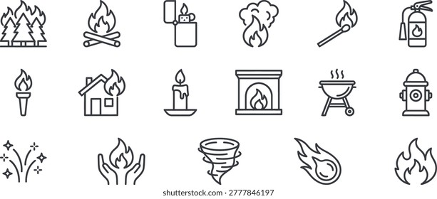 A versatile collection of 18 thin-line icons related to fire, heat, and emergency response. This set includes symbols for natural disasters like forest fires and house fires, alongside controlled heat sources such as candles, fireplaces, BBQs, and lighters. It also features safety equipment like fire extinguishers and hydrants, plus atmospheric elements like fireworks and tornadoes. Perfect for safety manuals, fire prevention campaigns, camping guides, and insurance infographics.