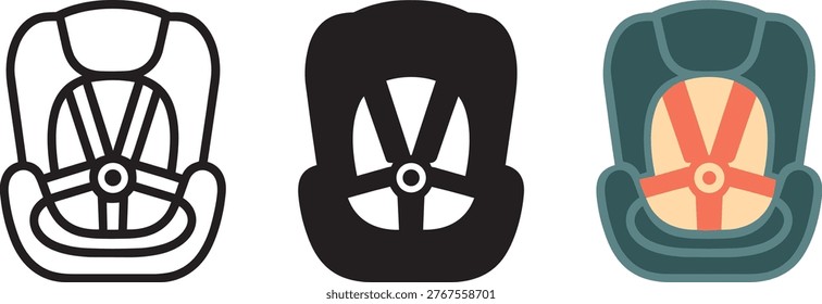 A versatile collection of 3 child car seat icons showing outline, solid, and flat color styles. They are ideal for illustrating baby safety, travel, and protec.