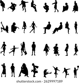A versatile collection of 32 stylish people silhouettes — walking, sitting, dancing, and posing. Clean vector shapes, ideal for both commercial and personal projects.