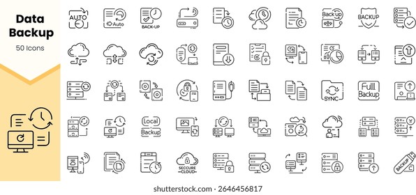 A versatile collection of 50 data backup icons in a minimalist style, featuring cloud storage, synchronization, and security themes, ideal for tech-related designs.