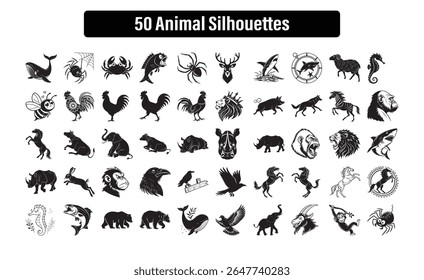 A versatile collection of 50 high-quality animal silhouettes in vector format, featuring a diverse range of creatures including wild animals, sea life, birds, farm animals, and insects. This bundle