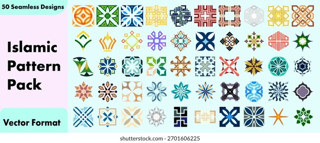 A versatile collection of 50 seamless Islamic patterns, featuring diverse geometric and floral motifs. Perfect for Muslim holidays like Ramadan, Eid, greeting cards, textiles, graphic design projects